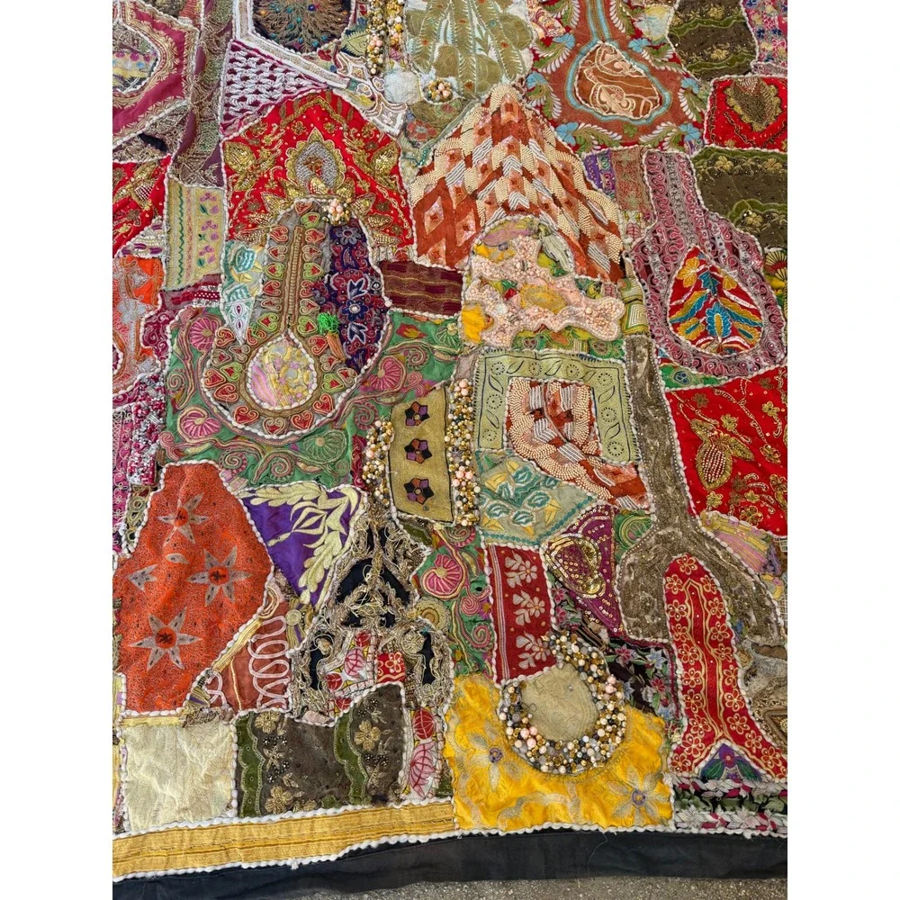 Vintage Indian Heavily Beaded Art Decor Sari Zari Wall Hanging Tapestry 75x93